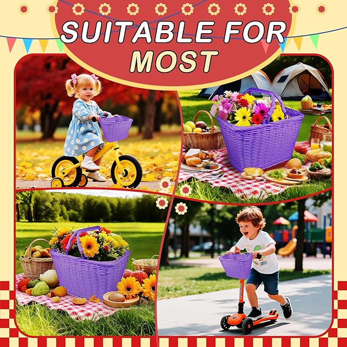 Wicker Picnic Basket for Kids, Small Woven Rattan Basket with Handles Purple Garden Harvest Hamper Basket Empty for Storage Toy Flower Wedding