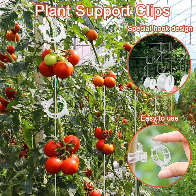 Tomato Support Hooks with String 20 Pcs,100 Pcs Plant Support Clips for Climbing Plants,Tomato Trellis Roller Hooks with 49.2FT String,Reusable Grape Vine Clips to Prevent Tomatoes