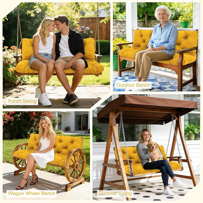 Porch Swing Cushions Outdoor 60 inch with Backrest Yellow Thick 5" Waterproof 3 Seater Replacemen Swing Cushions for Outdoor Furniture Patio Bench Backyard Garden