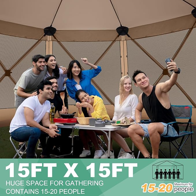 COBIZI 15x15 FT Pop Up Gazebo - Canopy Tent, Large Gazebos On Clearance with Sidewalls,carpas para Patio,Screened in Gazebo,Portable Screen Tents for 12-15 Persons Outdoor Camping, Backyard, Khaki