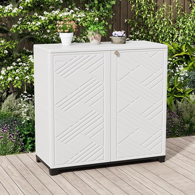 KINYING Outdoor Storage Cabinet Waterproof, 60 Gallon Resin Outdoor Storage Shed for Patio/Garden/Backyard, Outdoor Storage Box for Cushions,Garden Tools and Pool Supplies(White W/O Shelving)