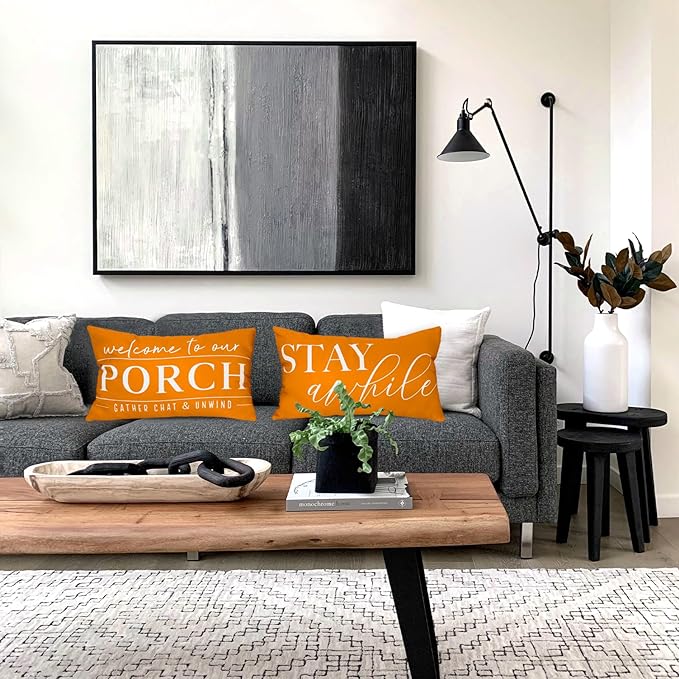 TAJWE Outdoor Pillow Covers Waterproof 12x20 Set of 2 Orange Decorative Fall Thanksgiving Pillowcases Welcome to Our Porch Stay Awhile Cushion Cases for Patio Furniture Sofa Couch Decor