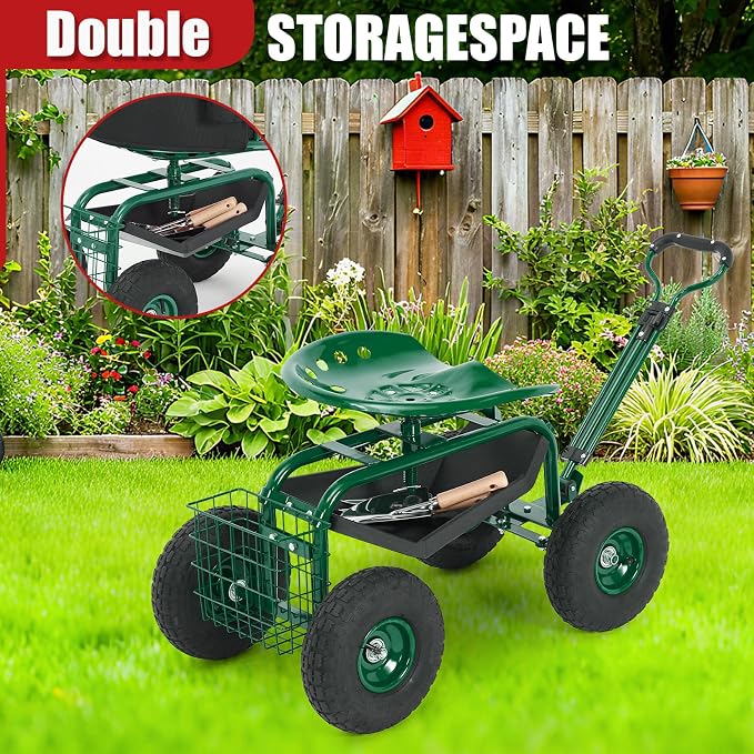 Garden Cart Rolling Workseat with Wheels, 360° Swivel Gardening Stool, Extendable Steering Handle & Utility Tool Tray, 10-Inch Inflatable Tires, Reinforced Steel Construction for Patio, Yard, Outdoor