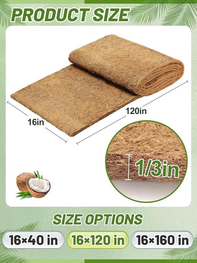 16'' x 120'' Natural Coco Liners for Planters - Coconut Fiber Hanging Basket Liner for Window Box Raised Bed Liner Garden Decoration Reptile Carpet