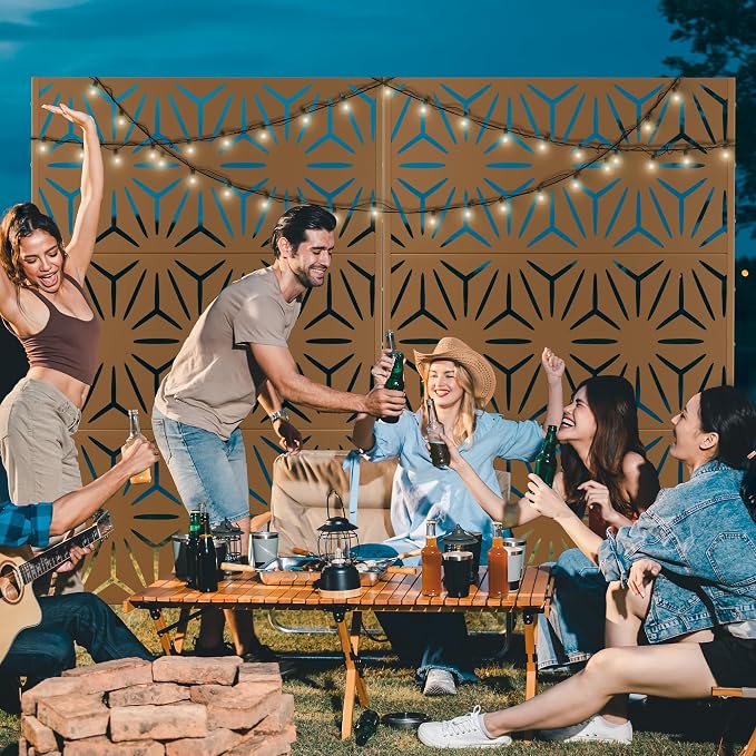 Metal Privacy Screen for Outdoor & Indoor Use, Free Standing Privacy Screen for Patio Garden Pool, 72" H x 47" W Decoative Privacy Panels, Weather Resistant, Easy Assembly (Brown Star)