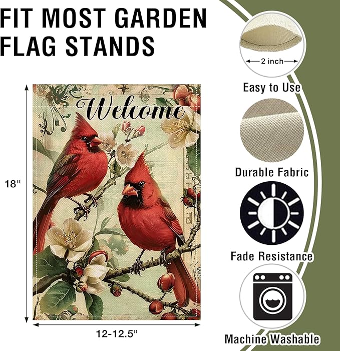 Artofy Welcome Cardinal Small Decorative Garden Flag, Vintage Red Birds Magnolia Flower Yard Lawn Outside Decor, Retro Spring Summer Floral Burlap Outdoor Home Decoration Double Sided 12 x 18