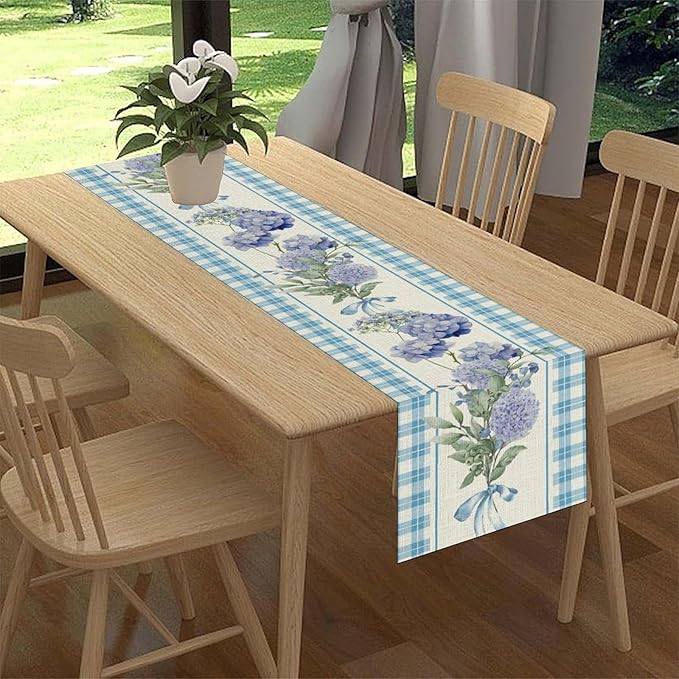 Blue Floral Table Runner, Rustic Watercolor Hydrangea Spring Summer Seasonal Flower Butterfly Coffee Table Center Decor for Family Kitchen and Dining Party FarmhouseTable Decorations, 13"x36"