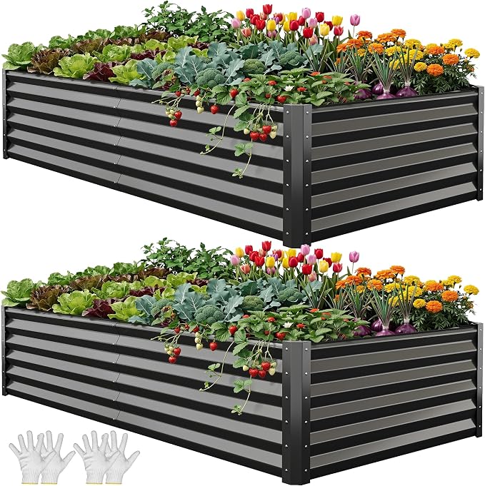 YITAHOME 2pcs 8x4x1.5ft Large Raised Garden Bed Kit, Galvanized Metal Planter Box with Gloves, Ground Nails & Safety Rubber, Outdoor Above Ground Planters for Plants Vegetables Flowers, Black