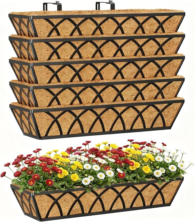 Y&M Hanging Railing Planter Boxes 4 Pack, 24 Inch Adjustable Balcony & Deck Planter, Heavy Duty Metal Flower Box for Porch, Fence & Window, Outdoor Plant Holder