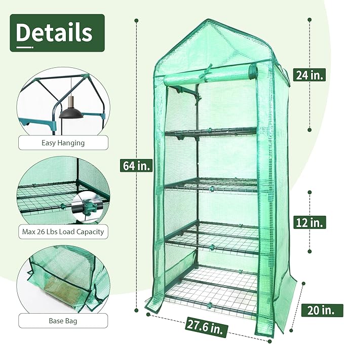 PROWORX 4 Tier Mini Greenhouse for Outdoor Indoor, Double-Layer Roof, Heavy Duty Small Greenhouses with PE Cover, Portable Green Houses for Outside Winter Plant Protection, 64'' H x 27'' L x 20'' W