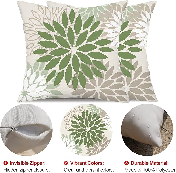 DFXSZ Army Green Pillow Covers 20x20 Inch Set of 2 Flower White Gray Elegant Colored Throw Pillows Outdoor Waterproof Decor for Patio Funiture Garden Living Room Sofa Polyester Pillow Covers 002G20