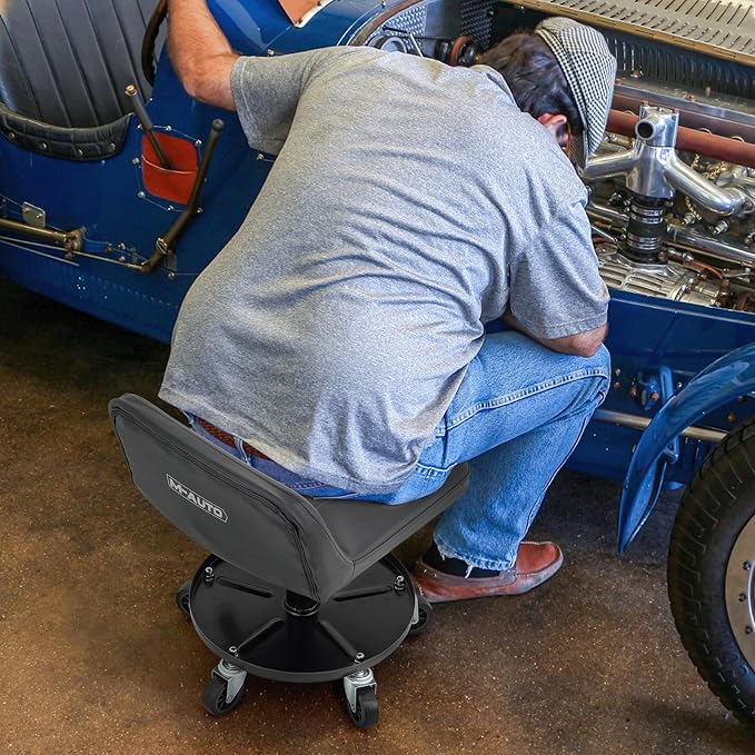 M-AUTO Padded Seat Mechanic Stool with Wheels, 16”-21” Height Adjustable Swivel Mechanics Seat with Tool Tray Storage for Garage and Garden, 300lbs Capacity