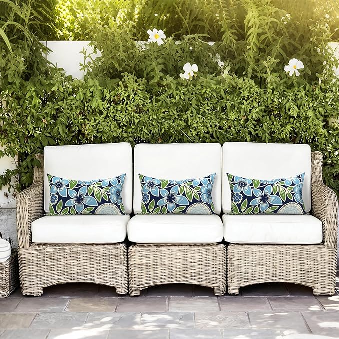 LVTXIII Set of 2 Patio Lumbar Pillows, 12" x 20" Fade Resistant Outdoor Lumbar Pillow with Inners, Fluffy Decorative Garden Lumbar Cushions for Home Patio Coach Sofa Use, Azure Botanical Symphony‌