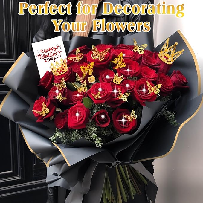 Tetutor 180pcs Waterproof Flower Wrapping Paper Kit, 20 Sheets Floral Wrapping Paper Bouquet With Ribbons Flower Pins 3d Butterflies and Crowns for Florist Wrap Back