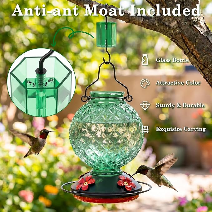 25 OZ Glass Hummingbird Feeder for Outdoors, Leak Proof Hummingbird Feeder with Ant Moat, 4 Bee Resistant Feeding Ports, Easy Clean Wide Mouth Design, 360° Perch, Green