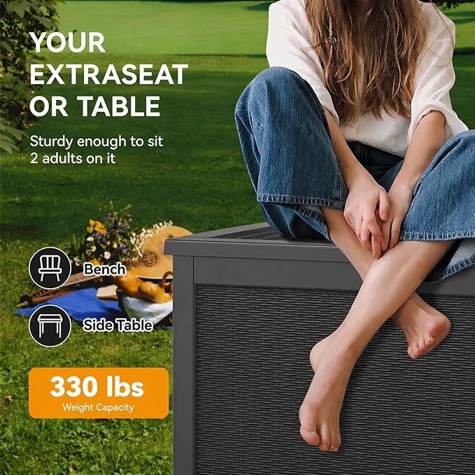 KAMABOKO 280 Gallon Outdoor Storage Box, Resin Deck Boxes Indoor and outdoor, Waterproof Storage Box Lockable Lid for Garden Tools, Package Delivery, Patio Cushions, Black