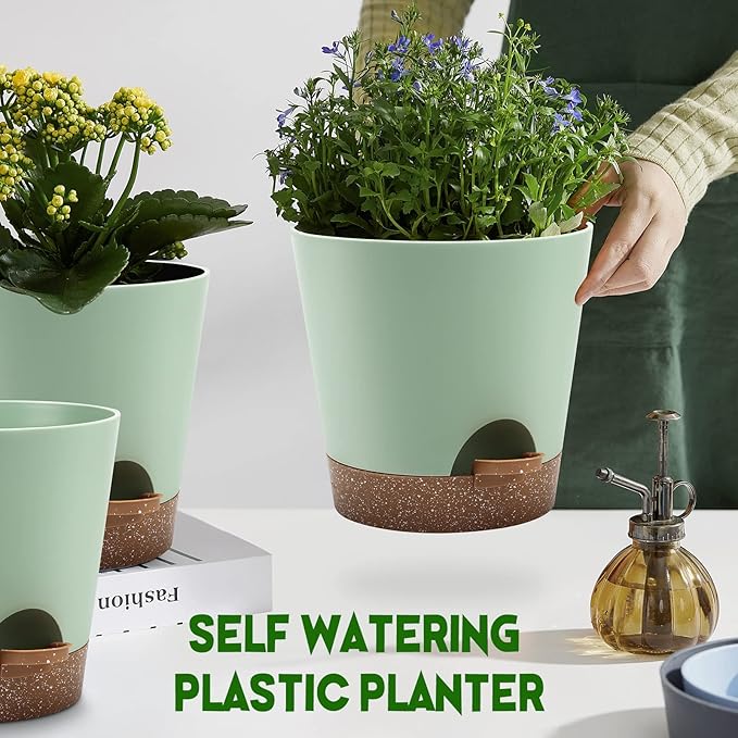 YNNICO Indoor Self Watering Planters with Drainage Holes and Saucers, 9,8, 7.5 Inches, Green, 3 Pots (Springgreen)