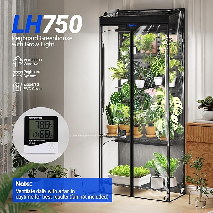 Barrina LH750 Pegboard Indoor Greenhouse with Grow Light, Plant Cabinet with 90W 5000K Full Spectrum Lamps, 3 Adjustable Pegboards, Timer, Wheel, for Foliage Plant, Seedling, 29.5x13.8x67.9IN