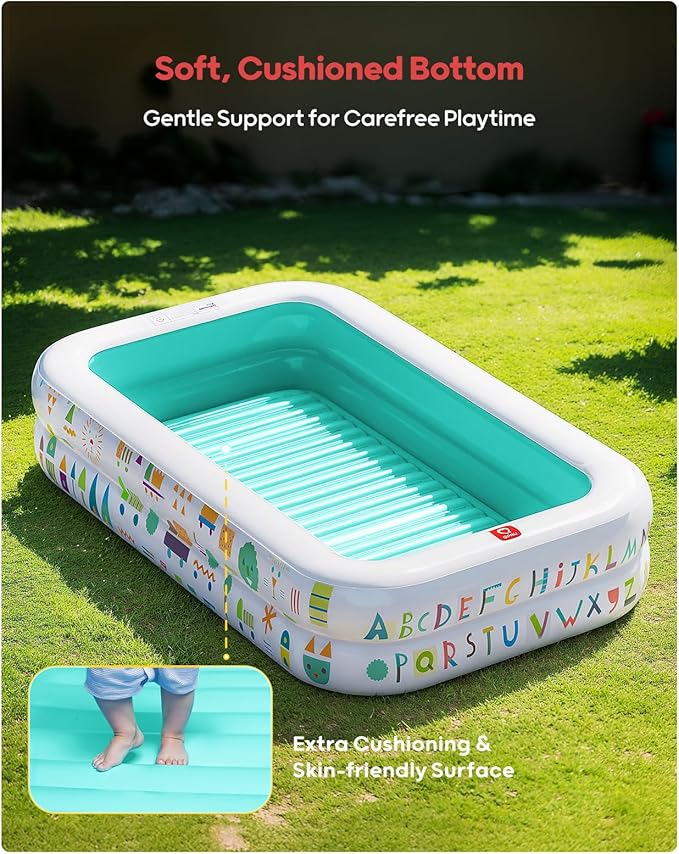 QPAU Kiddie Pool – 65" x 39" Inflatable Pool for Kids & Toddlers, Ball Pit & Baby Pool with Soft Floor, Educational Alphabet & Number, Durable Outdoor Play Toys for Backyard & Indoor Fun (Green)