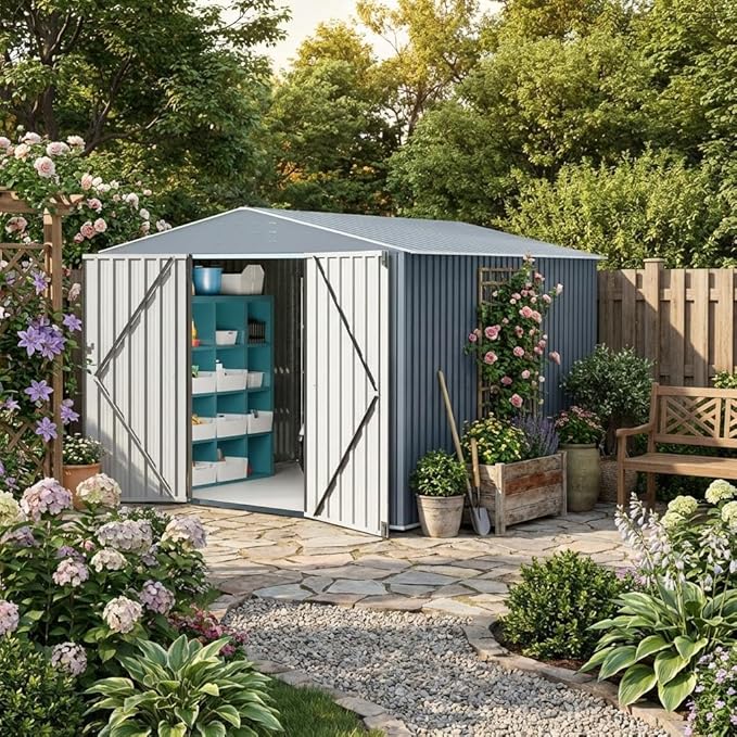GarveeLife Large Outdoor Metal Storage Shed, 10x10 ft Metal Shed with Lockable Doors, Large Garden Tool Shed with Sturdy Frame Structure, for Backyard, Patio, Lawn, Grey