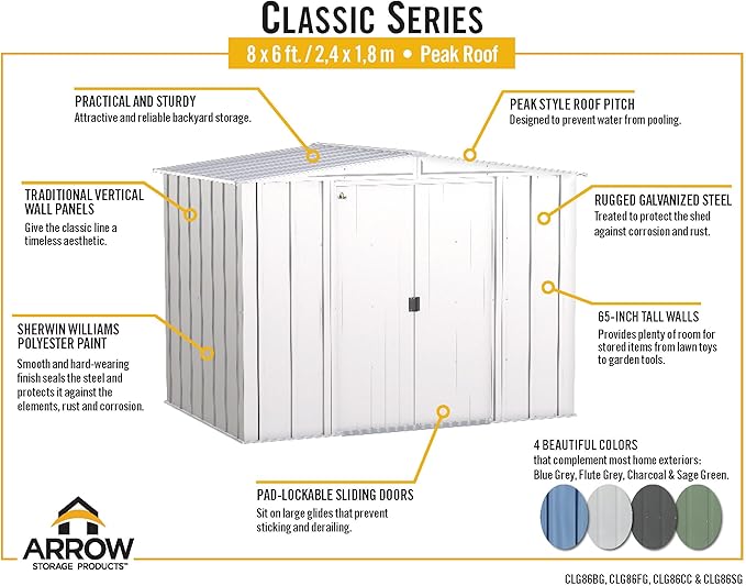 Arrow Classic Steel Storage Shed, 8x6, Blue Grey