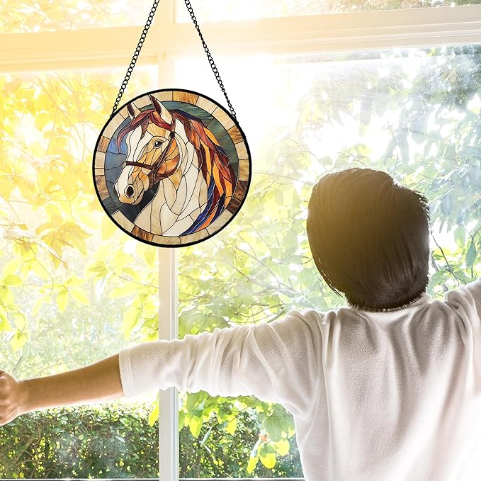 DASTOLL Stained Glass Window Hanging, Animal Horse Colored Mane Sun Catchers Glass Panel Cool Suncatcher Decor for Birthday for Women, Men, Wife, Aunt, and Mom 6.3 in