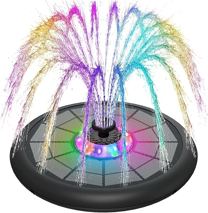 SZMP Powerful 5W Solar Powered Water Fountain for Bird Bath, Upgraded Glass Panel with Colorful Light Show, 7 Nozzles, Anti-Drift Fixer, 2000mAh Battery