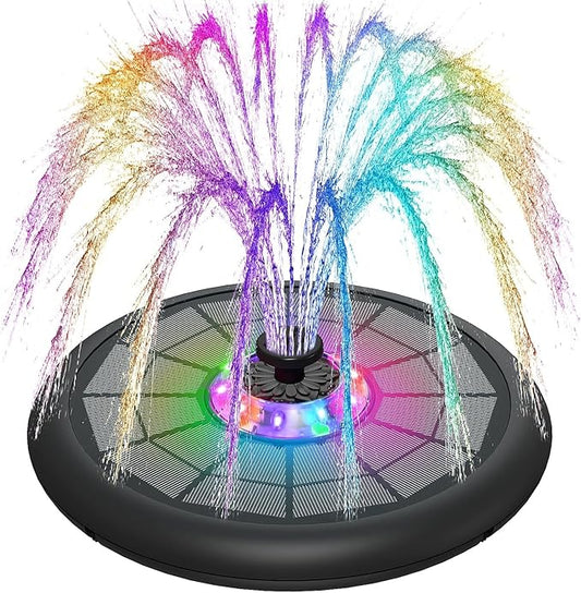 SZMP Powerful 5W Solar Powered Water Fountain for Bird Bath, Upgraded Glass Panel with Colorful Light Show, 7 Nozzles, Anti-Drift Fixer, 2000mAh Battery