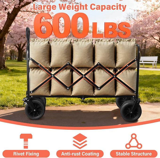 Collapsible Wagon Cart with All-Terrain Wheels - Folding Utility 600LBS Heavy Duty Wagons Carts for Grocery Sports Garden Shopping Camping Fishing (Black, 220L)