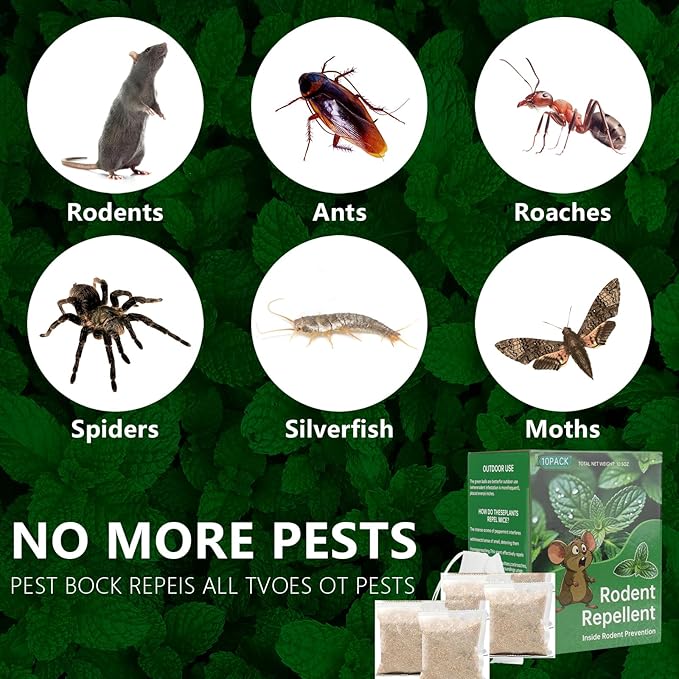 Mouse Rodent Repellent, 10 Pack Peppermint Lemon Oil Mice Repellent for Squirrel Rats Spider Pests, Natural Deterrent for Kitchen, Warehouse, Car, Indoor, Outdoor, Safe for Pets & Family
