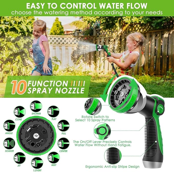 FlexiSolve Non-Expandable Garden Hose 100 ft, Ultra Lightweight & Flexible Water Hose With 10-Pattern Spray Nozzle, Full Length Leak-Proof Design, High-Density Fabric & Shut-Off Valve, Hose Straps