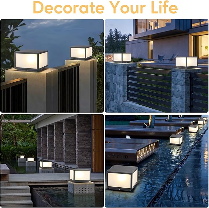 Outdoor Modern Post Light Hardwired,10" Square Metal Column Lights for Pier Mount & Flat Surface, IP65 Waterproof Sparkly Grey Stainless Steel Pillar Lamps for Patio Garden Driveway Deck Outside