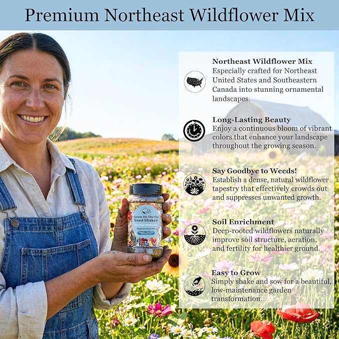 on the Go Regional Wildflower Seed Shaker - Northeast USA Wildflowers - 100% Pure Seed - Organic, Non-GMO - 21 Wildflower Variety Seeds of Annual & Perennial, 2oz