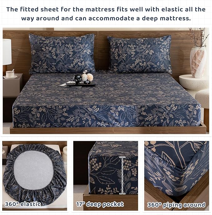 QSH Floral Egyptian Cotton Sheets Queen Size - Elegant Navy Botanical Pattern Printed Bedding Sheets Queen Size Bed Extra Soft and Breathable 4pcs Deep Pockets Bed Sheets