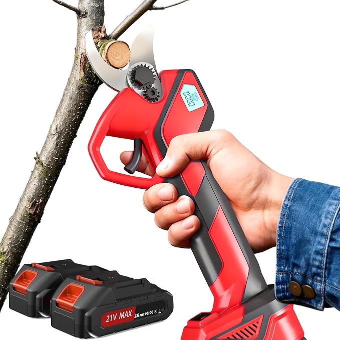 Electric Pruning Shears, Garden Cordless Pruner, Battery Powered Shrub Shears with LCD Display, Two Rechargeable Batteries for Shrubs Trees Trimming