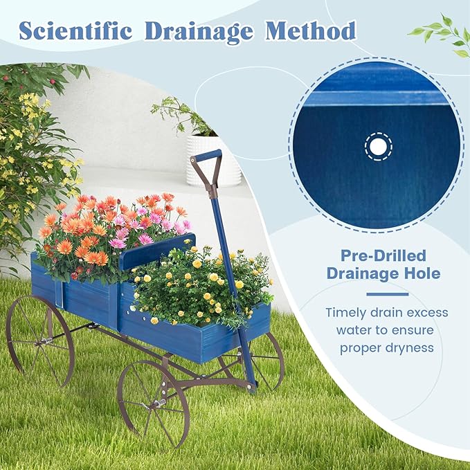 DORTALA Wood Wagon Planter, Outdoor Garden Flower Planter Cart with Wheels, Small Decorative Wood Raised Bed Plant Pot Box Stand for Backyard, Patio, Balcony, Blue