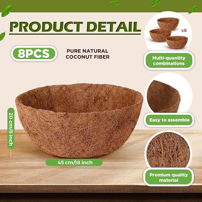 Gerrii 8 Pcs 18 Inch Coconut Liners for Hanging Baskets Coco Liners for Planters Natural Round Coconut Coco Planter Basket Coir Liner for Hanging Basket Flowers/Vegetables