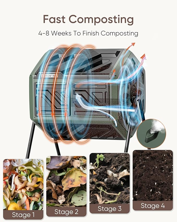 THEGROW'ING 43 Gallon Dual Chamber Compost Bin with Built-in Nuts, Outdoor Rotating Composter Tumbler for Garden Backyard, Green