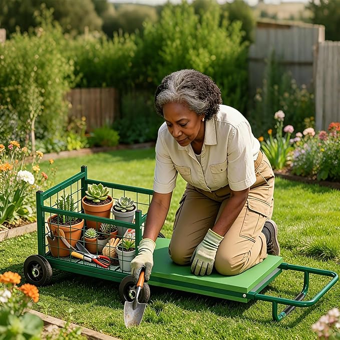 FLINTER Extra-Large Rolling Garden Cart and Kneeler, 2026 Heavy Duty Gardenning Cart with Seat and Kneeler - Garden Rolling Stools with Wheels for Seniors, Lawn, Patio & Backyard Gardening, Green