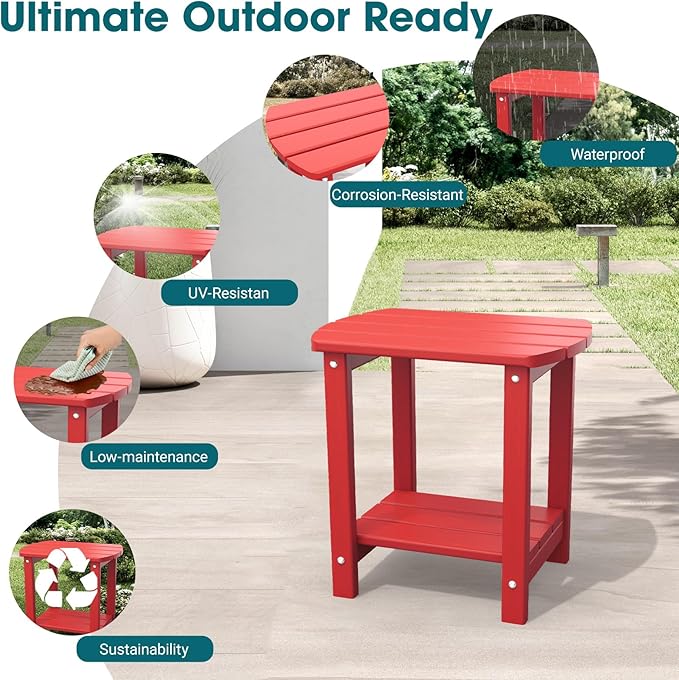 THOEOE Adirondack Outdoor Side Table, 2-Tier Sturdy Patio End Table Weather Resistant, Morden Side Table for Patio, Pool, Porch, Red