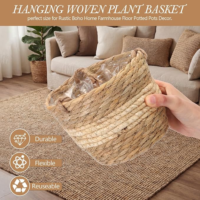 6 Pcs Seagrass Hanging Planter Basket Hand Woven Plant Basket with Plastic Liners Hanging Plant Holder Storage Containers with Cotton Rope for Indoor Outdoor Garden Home Decor(Beige)