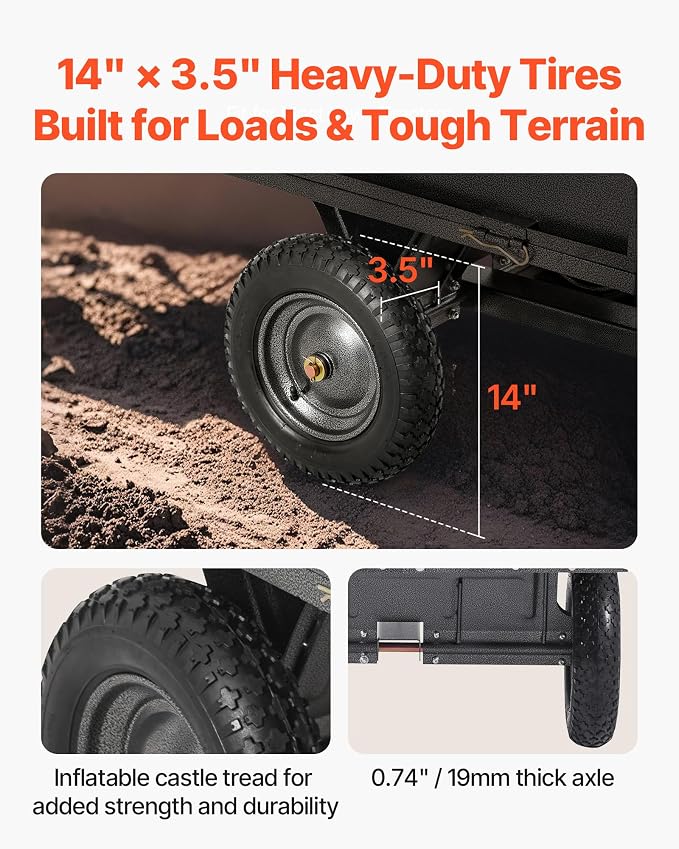 VEVOR 10 Cu.Ft. & 500lbs ATV Trailer Dump Cart Tow Behind, Heavy Duty Utility UTV Trailer, Tow Behind Steel Yard Dump Wagon Cart with 14" Tires for Lawn Mower Tractor