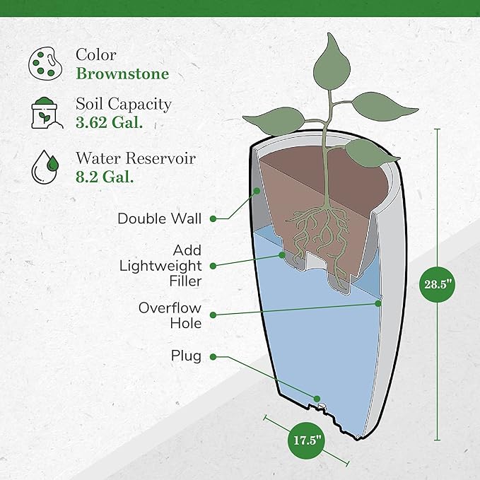 Algreen Products 87313 Athena Self-Watering Planter, Large, 17.5" DIA x 28.5" H, Brownstone