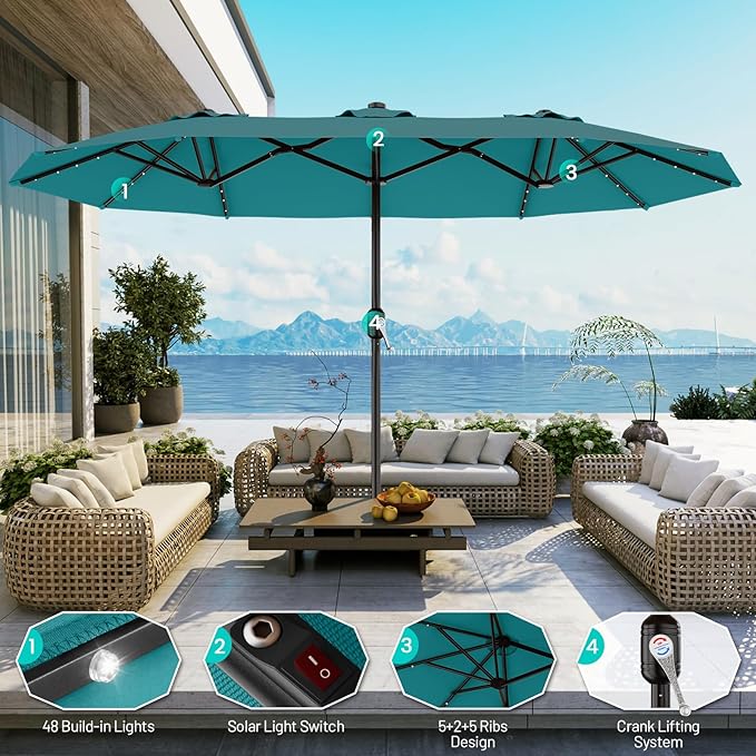 AreShark 15FT Patio Umbrella with Solar Lights, Double Sided Outdoor Table Umbrellas with Crank, Large Rectangular Market Umbrella for Porch, Lawn, Pool, Backyard, Lake Blue