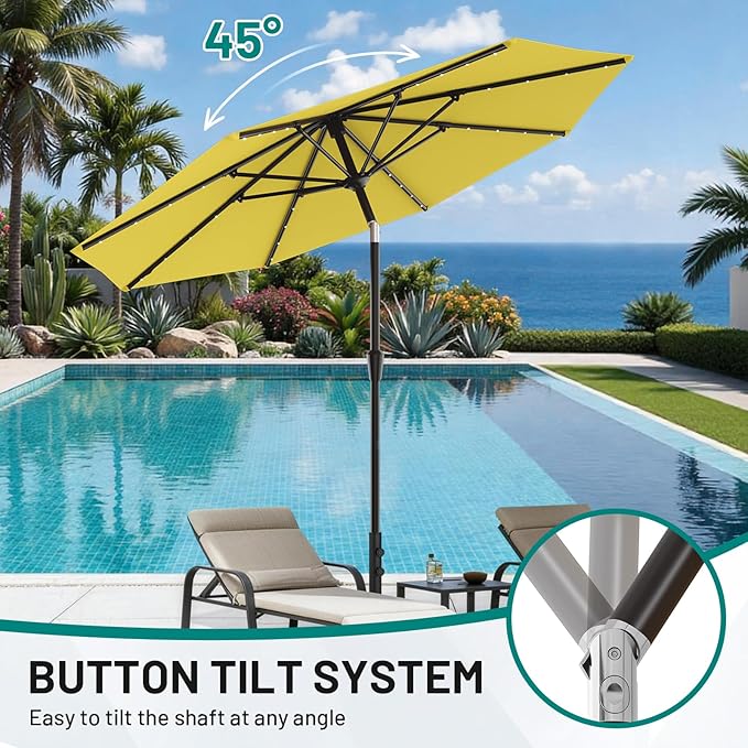 AreShark 9FT Patio Umbrella with Solar Lights, 32 Lighted Pool Umbrella w/Tilt and Crank, Outdoor Market Solar Umbrellas for Garden, Deck, Backyard, Pool and Beach, Yellow