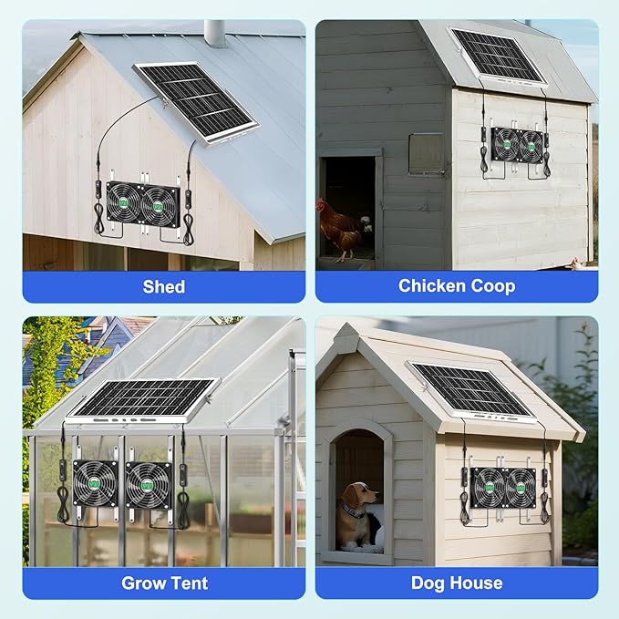 Solar Chicken Coop Fan 2 Kit, 20W Solar Powered Greenhouse Fan Outdoor Waterproof, Solar Exhaust & Intake Fans, Hi-Airflow for Shed Dog House Air Circulation Ventilation Cooling