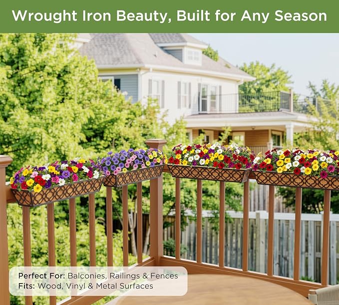 HFHOME 30 Inch Railing Planter Box with Coco Liners and Adjustable Brackets for Porch, Fence, Patio, Balcony Hanging Flower Railing Baskets, Outdoor Garden - 6 Packs
