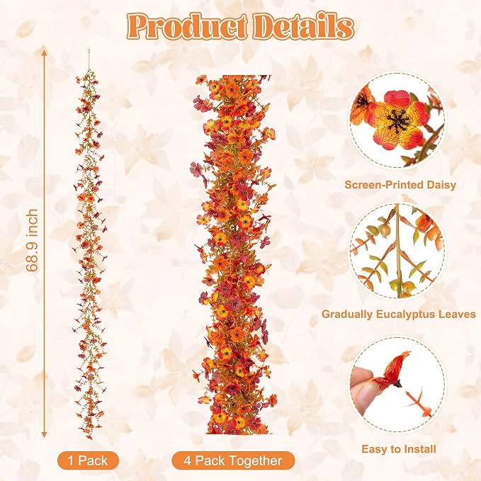 Ammyoo Fall Mums Flowers Artificial Garland for Decoration, 4 Pack 5.9 FT Faux Mums with Eucalyptus Leaves Ivy, UV Resistant Fake Fall Daisy Floral Vine Flowers for Home Garden Wedding Backdrop Decor