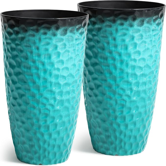 23.75" H Large Tall Outdoor Planters, Set of 2 Plastic Large Flower Pots for Outdoor Plants, with Turquoise Teal Honeycomb Texture, Weather-Resistant for Porch, Garden, Patio or Indoor Use