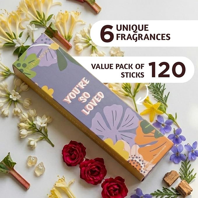 Folkulture Jasmine & Rose Incense Sticks (120 Sticks, Set of 6) Graduation Gifts | Organic Aromatherapy & Meditation Incense | No Charcoal, Non-Toxic, 45 Min Long Burning